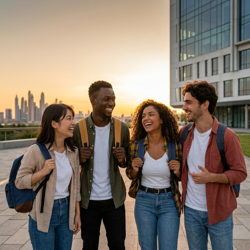 Estudantes de intercâmbio caminhando juntos em campus universitário no exterior